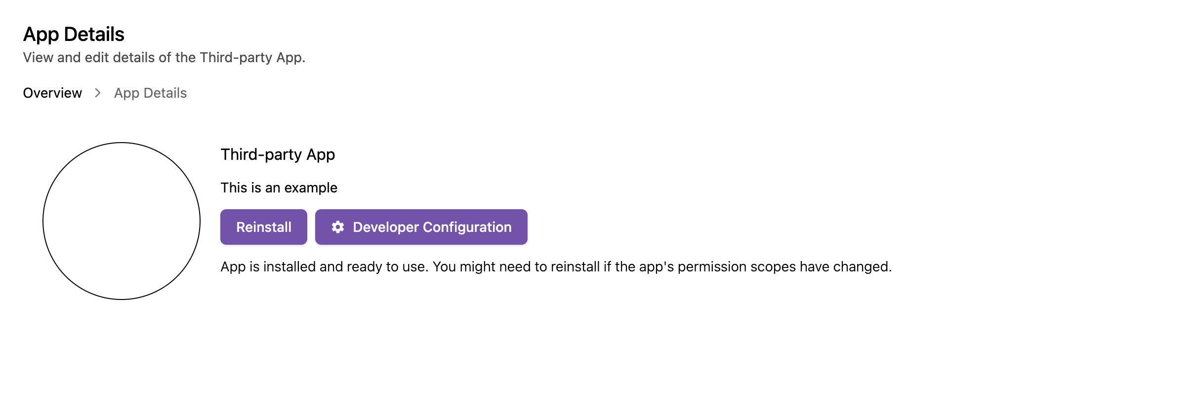 App Details page showing the Reinstall and Developer Configuration buttons