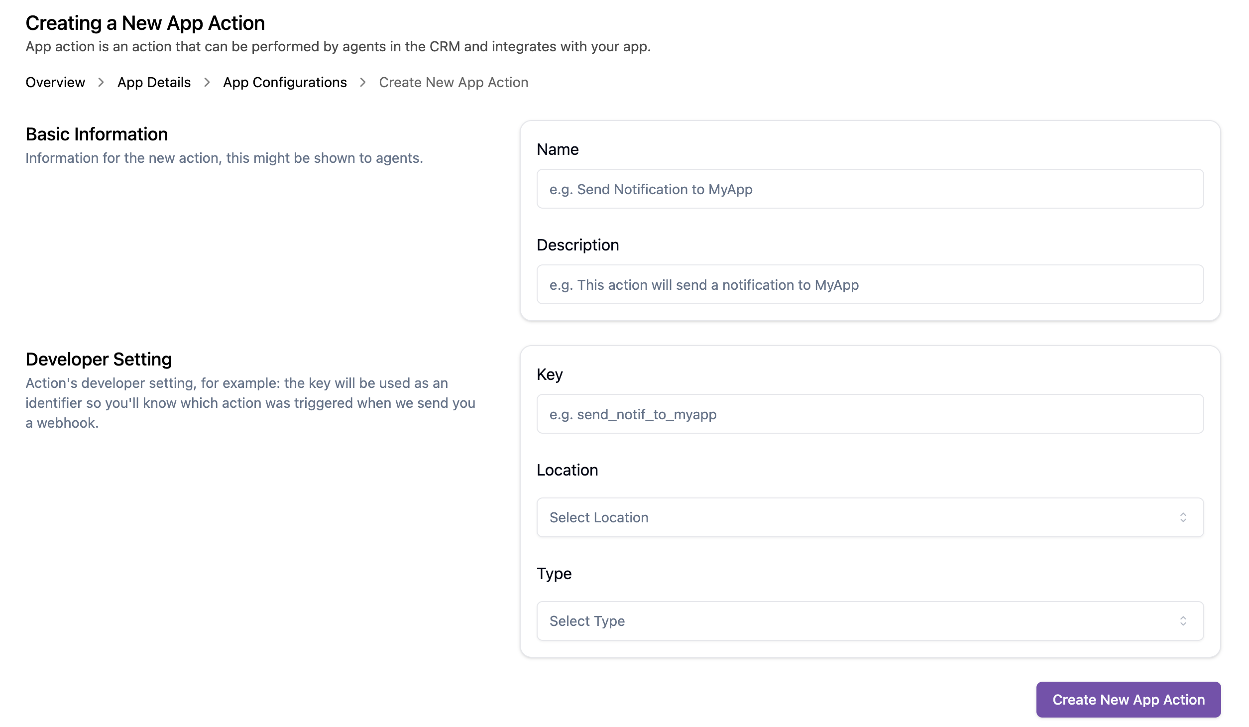 Create App Action form with Name, Description, Key, Location, and Type fields