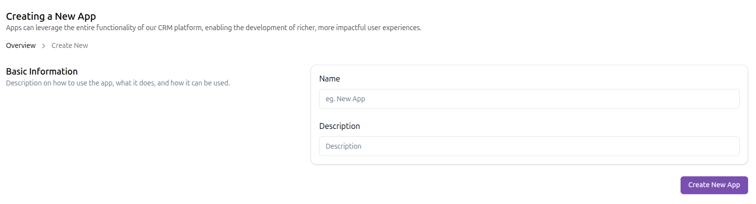Creating a New App form, Name and Description fields