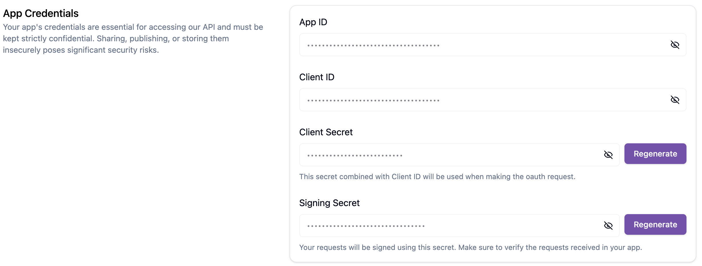 App Credentials section showing App ID, Client ID, Client Secret, and Signing Secret