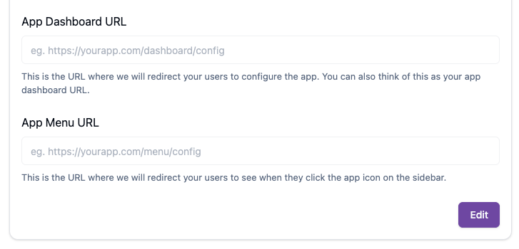 App Dashboard URL and App Menu URL fields