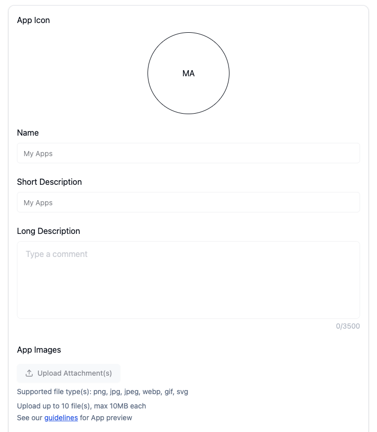 Basic Information form fields, App Icon, Name, Short Description, Long Description, and App Images