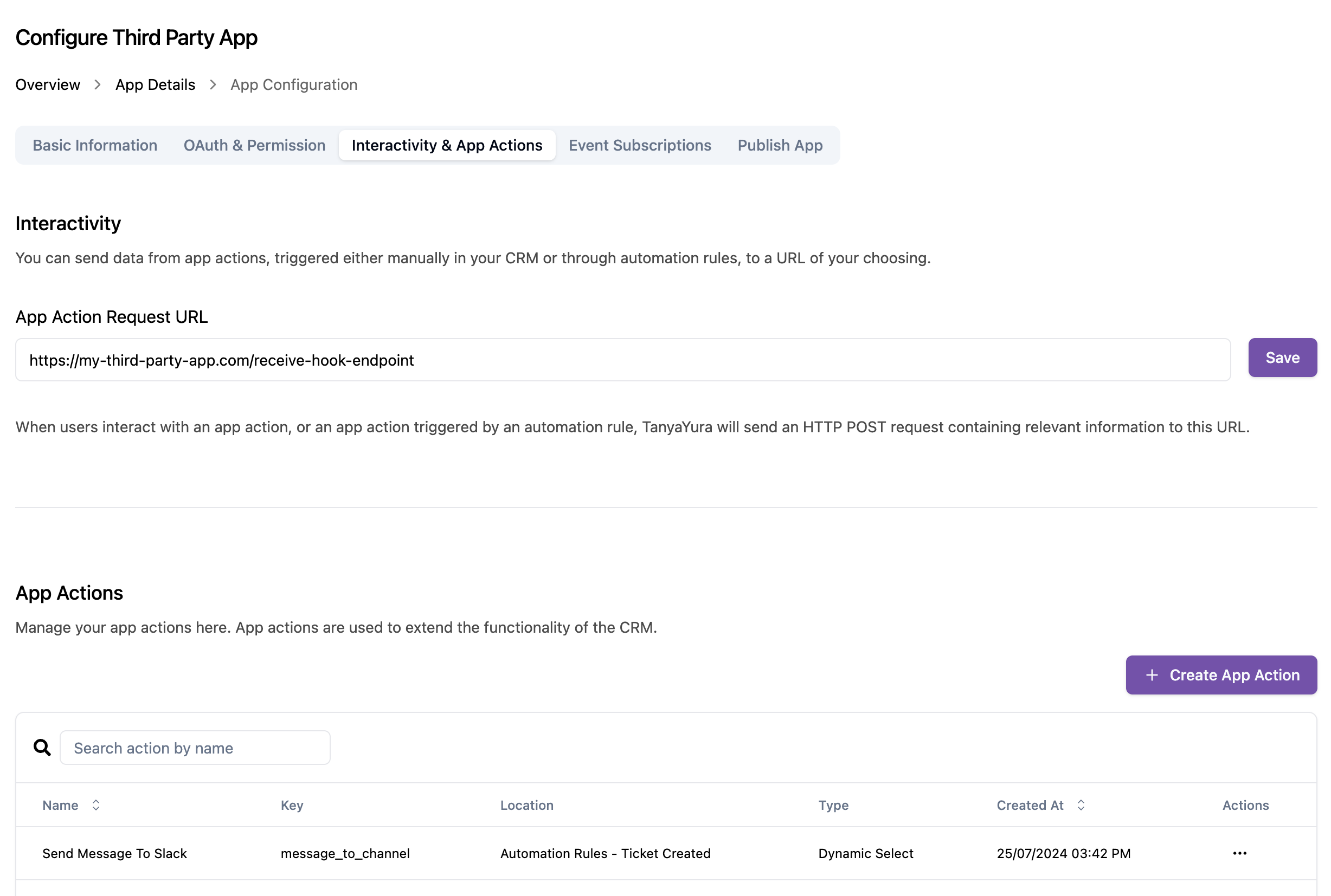 Interactivity & App Actions tab showing App Action Request URL and App Actions list