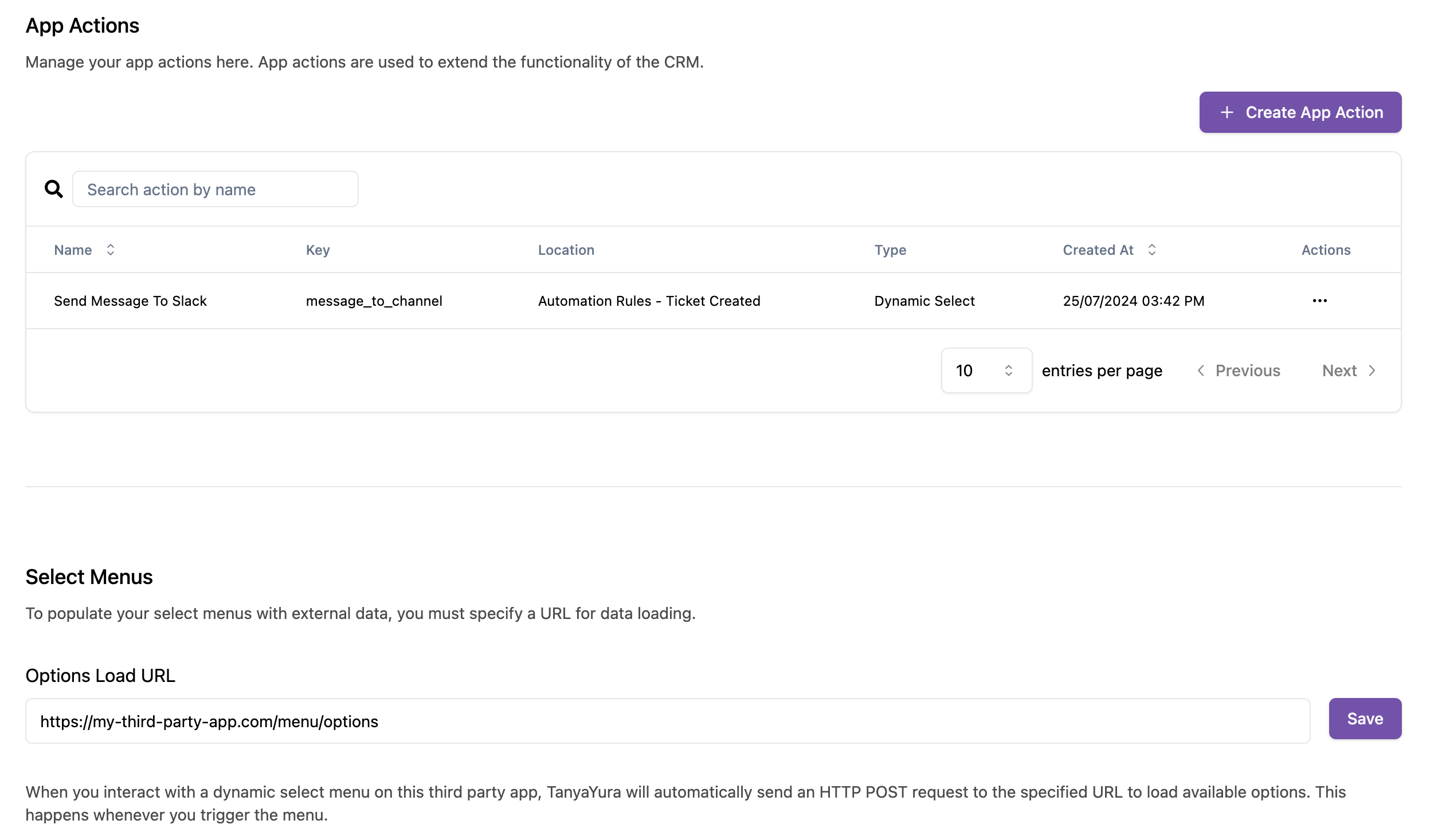 App Actions list and Select Menus section with Options Load URL field
