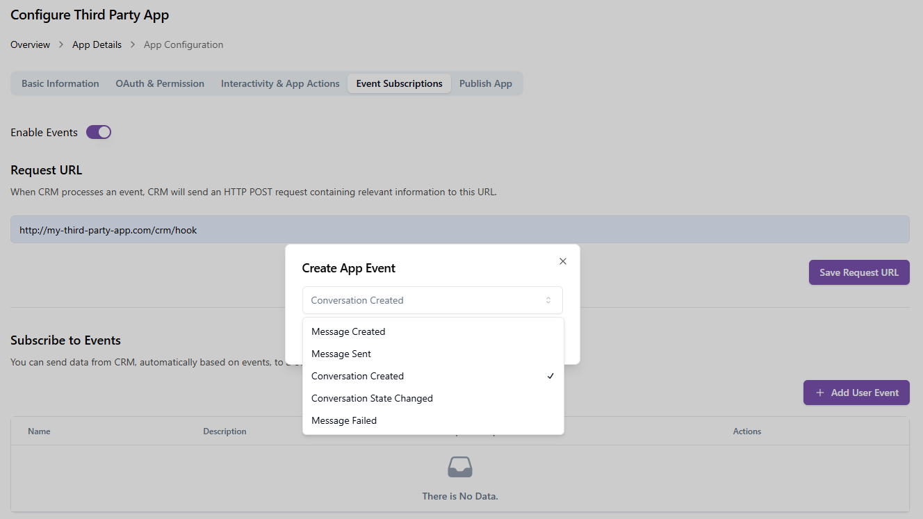 Create App Event dialog showing available event types to subscribe to