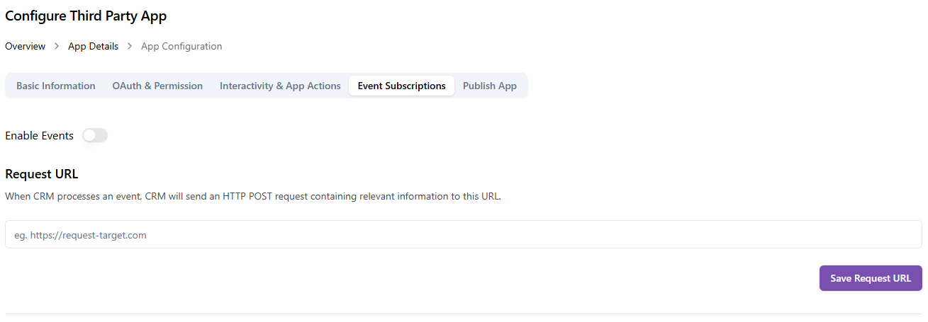 Event Subscriptions tab with Enable Events toggle off