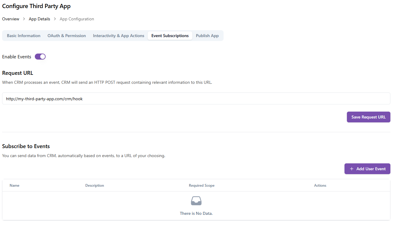 Event Subscriptions tab with Enable Events toggle on and Request URL field visible