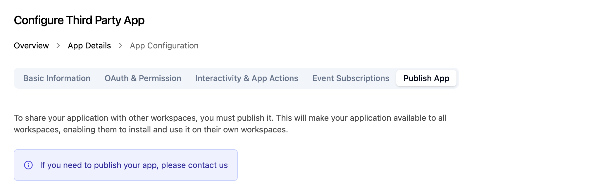 Publish App tab showing the contact us option to publish