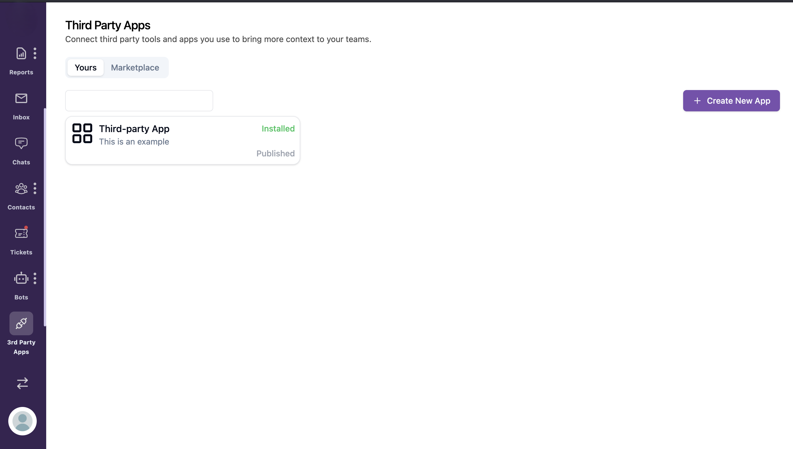 Third Party Apps list showing the Yours and Marketplace tabs